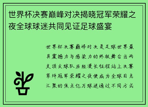 世界杯决赛巅峰对决揭晓冠军荣耀之夜全球球迷共同见证足球盛宴